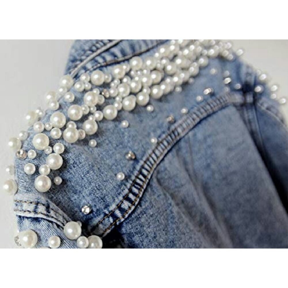 Distressed Denim Jacket with Pearl Embroidery, Cotton Poly Blend, Sizes XS-XXL - Picture 6 of 8